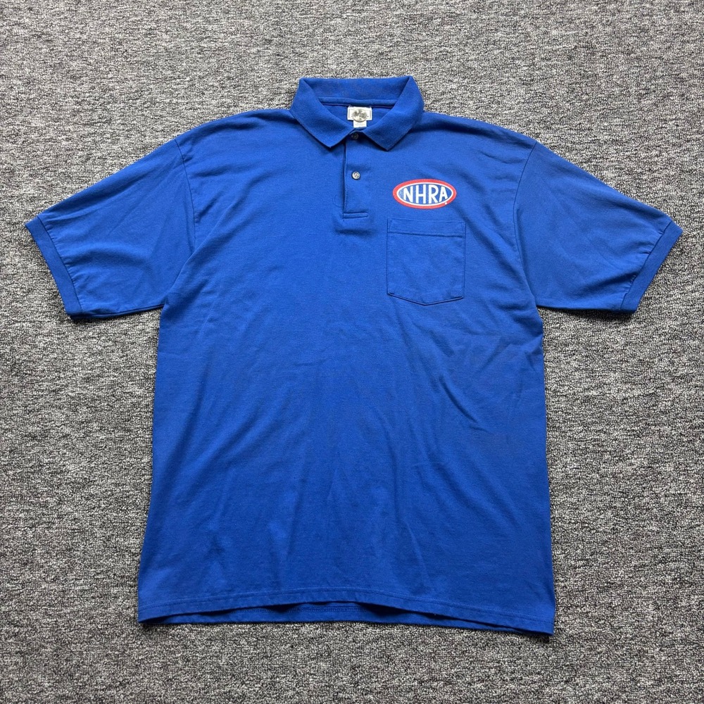 Vintage 2000s Anvil NHRA Powerade Racing Graphic Pocket Blue Polo Shirt Size XL